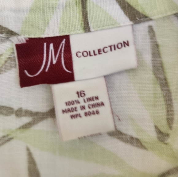 JM Collection Green Brown Floral 100% Linen 3/4 Sleeves Button Up Blouse size 16 - Picture 2 of 6